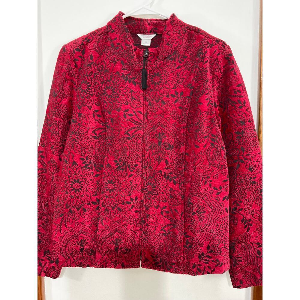 Christopher & Banks Womens Zip Up Red Floral Jacquard Jacket Size Medium